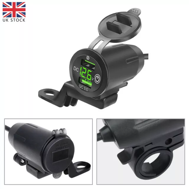 12V 2 USB Motorcycle Handlebar QC 3.0 Charger Socket Voltmeter 2 Switch&Mount UK