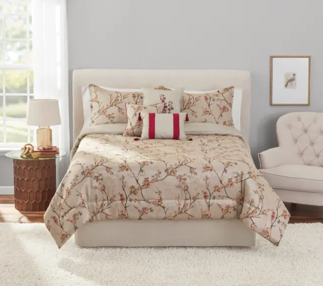 7-Piece Cherry Blossom Jacquard Comforter Set Bedding Bedroom Furniture Red Tan