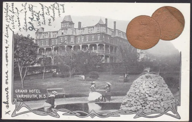 1906 Vintage Patriotic Embossed One Cent Coin Postcard YARMOUTH Nova Scotia