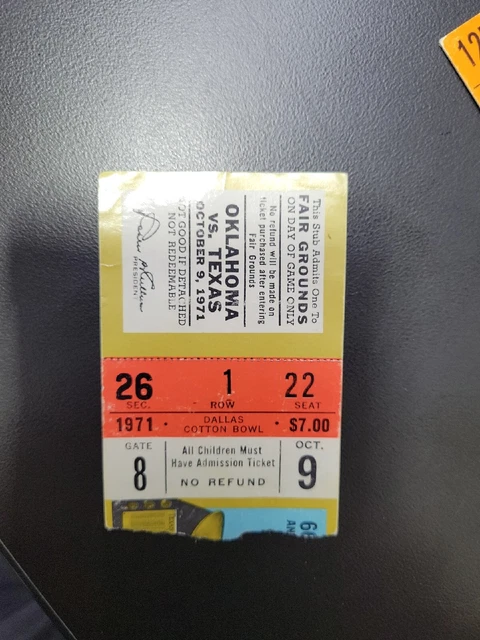 Football Ticket Stub Texas Longhorns 27 Vs Oklahoma Sooners 48 Oct 9, 1971