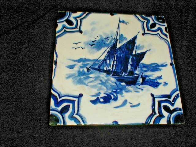 Dutch BLUE DELFT Holland Whaleship Ship Nautical Trivet Tile Wall Plaque 88F