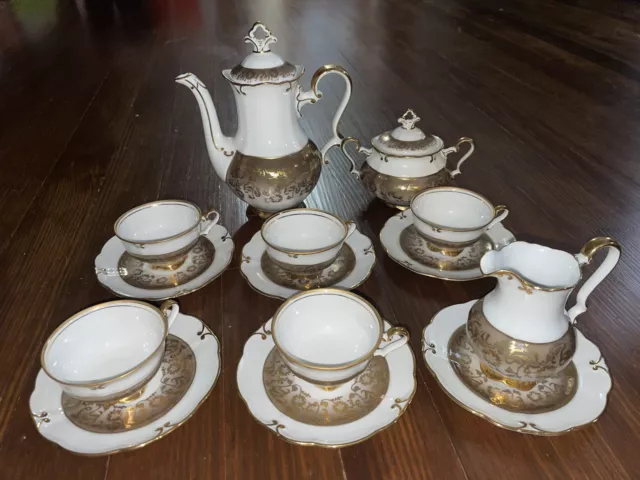 Vtg JLMENAU Graf von Henneberg Germany Echt Brown Gold Demitasse 14 Piece Set