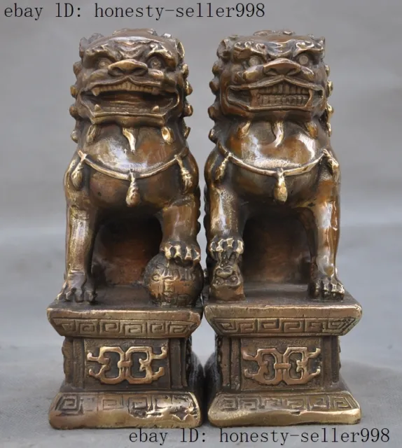 6"Old Chinese FengShui bronze Guardion Door Fu Foo Dog Lion beast Statue Pair