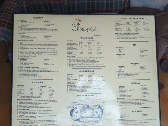 Original 1978 Chick-fil-A Recipe Board- Issued To Restaurants In 1978