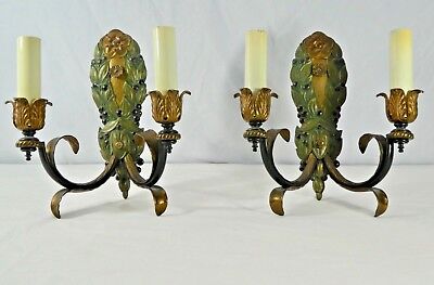 PAIR of Italian CAST SOLID BRASS DOUBLE ARM ELECTRIC CANDLE Sconces. 12"H. 1950