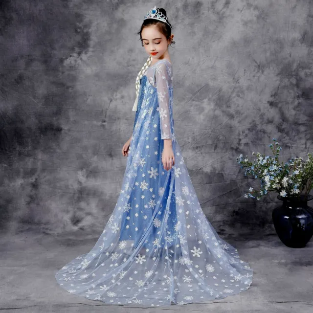 UK Girls Sequins Elsa Princess Dress Queen Cosplay Costume Fancy Dress/Crown