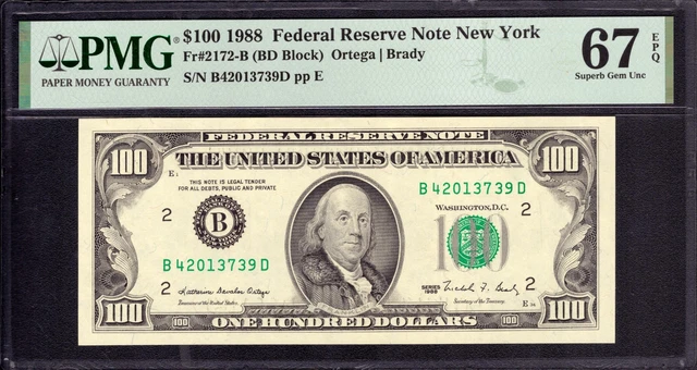 1988 $100 Federal Reserve Note New York Fr.2172-B Bd Block Pmg Superb Gem 67 Epq