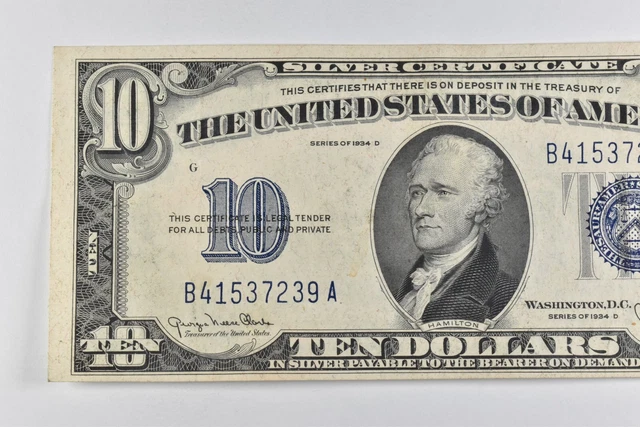 CRISP - 1934-D SILVER CERTIFICATE - US $10 Note - Higher Grade *600