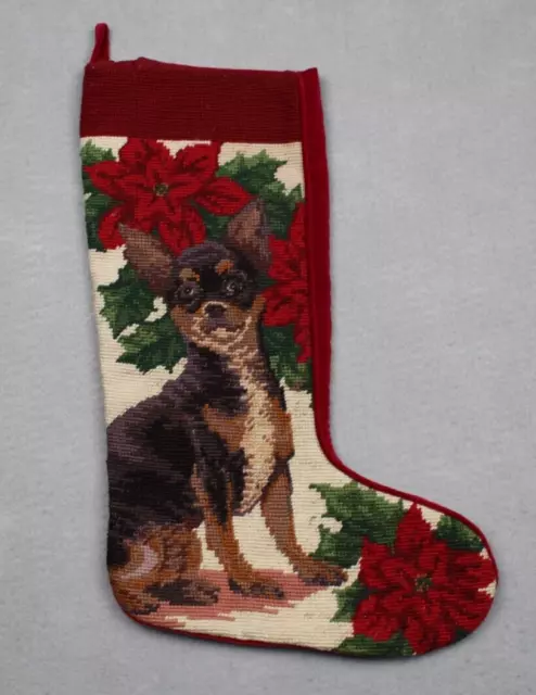 Needlepoint Chihuahua Dog Christmas Stocking Red Velvet Backing Wool Thread