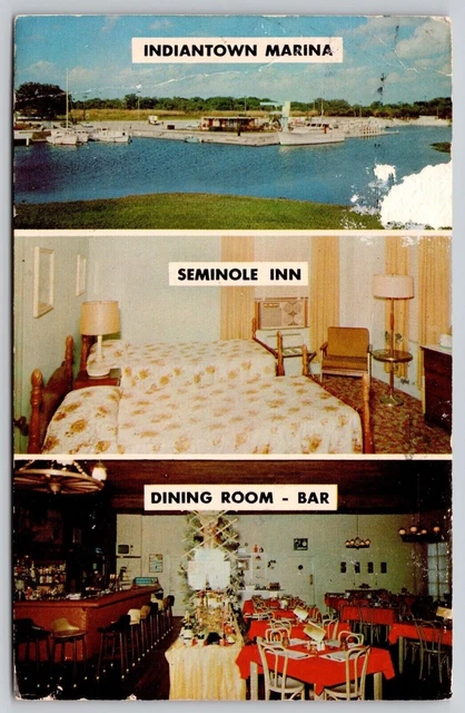Indiantown Marina Seminole Inn Dining Room Bar Postcard PM W Palm Beach FL WOB