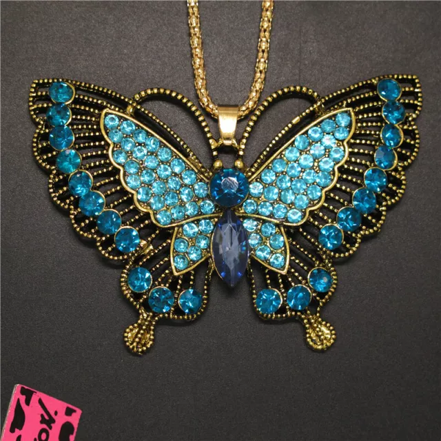 New Betsey Johnson Blue Cute Butterfly Retro Bling Crystal Pendant Necklace