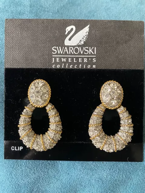 Swarovski Swan Signed Crystal Knocker Earrings Pave Rhinestone Gold Tone 1990s