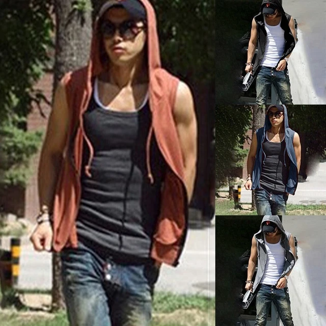 Gilet casual senza maniche da uomo felpa con cappuccio con cerniera canotta per