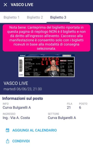 biglietto per concerto di VASCO ROSSI a BOLOGNA, 06/06/2023. Curva Bulgarelli A