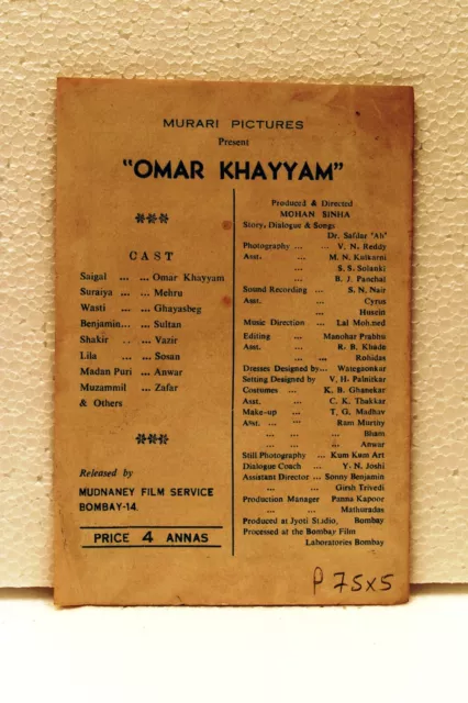 Vintage Hindi Movie Booklets Bollywood Pressbook Omar Khayyam Suraiya Saigal Old 2