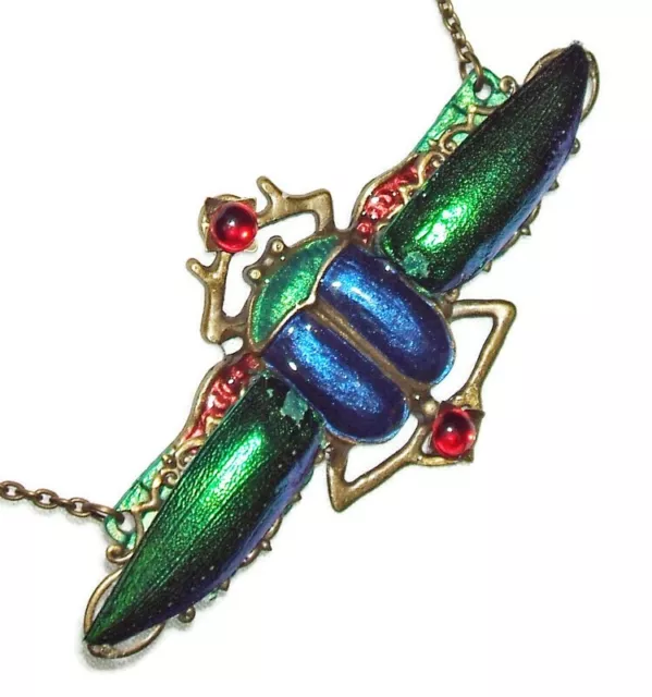 GREEN SCARAB BEETLE REAL WINGS Necklace Egyptian Revival Style