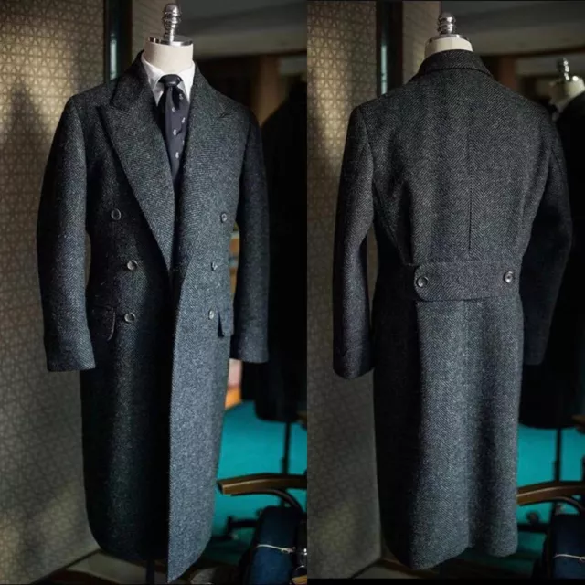 VINTAGE MEN'S TWEED Long Overcoat Wool Peak Lapel Suits Double Breasted ...