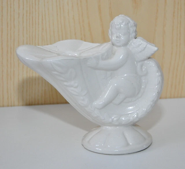 Porta candela statuetta ceramica bianca Angelo con simil cornucopia 14 cm