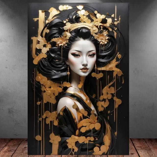 Leinwand Bild Er Xxl Abstrakt Geisha Japan Schwarz Gold Bunt Wand Poster P178