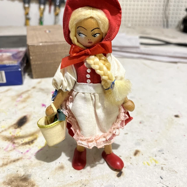 1950’s Vintage Polish Wooden Doll Little Red Riding Hood as is