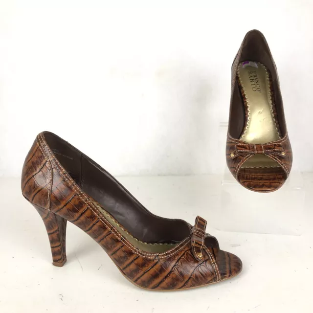 Franco Sarto Women's Size 8.5M Goodbye Brown Embossed Leather Open Toe Heels