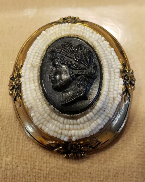 Antique Black Jet Cameo Mourning Brooch/Pin, 1 3/4" W/Tiny White Beads, Goldtone