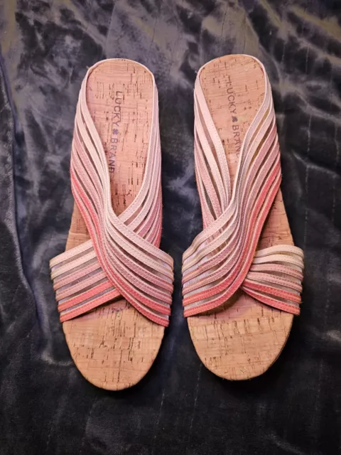 Lucky Brand Sandals Womens 8.5 M Crossover Slide Cork Wedge Heels Pink Orange