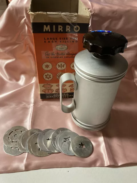 Prensa de cocina vintage MIRRO de aluminio fácil agarre con 12 discos y caja original