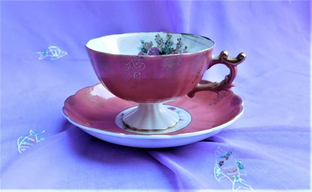 Vintage Circa 1920s Floral Lustre Footed Tea Cup and Saucer NIPPON JAPAN