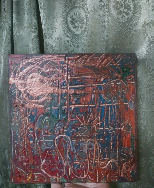 Original Mixed Media Painting Art Brut Folk Art Vintage Outsider Signed Jazzy