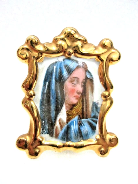 Broche Ancienne Vierge Marie En Porcelaine Limoges - Peinte Main - Métal - Vintage