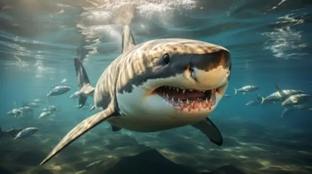 Ein weißer Hai schwimmt im Wasser. Generative KI. (208975082)