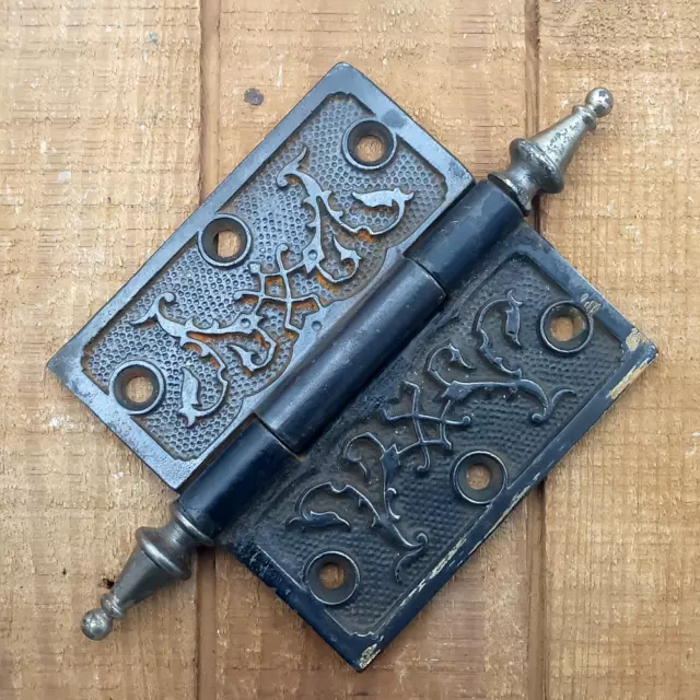 Antique Victorian Steeple Tipped Ornate Cast Iron Door Hinge 4" x 4"