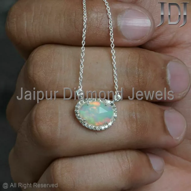 Natural Pave Diamond 925 Sterling Silver Opal Gemstone Chain Necklace Jewelry