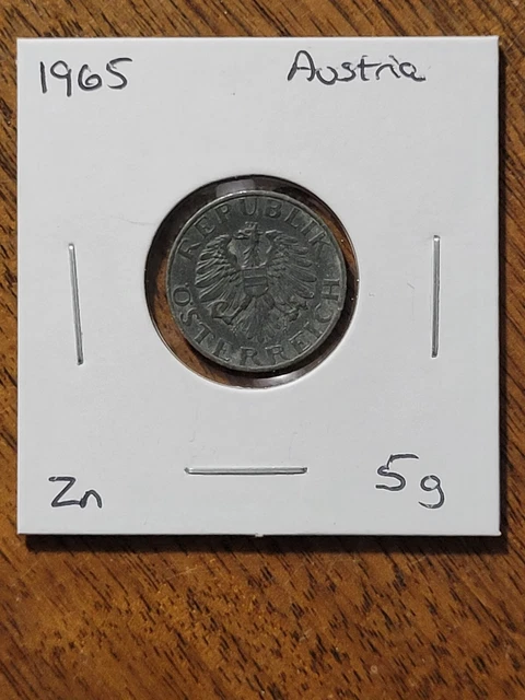 Austria 5 groschen coin, 1965. KM# 2875, zinc. Coat of arms (eagle with shield).