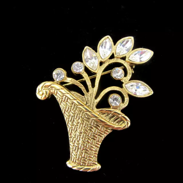 1928 Jewelry Co Basket & Leaves Brooch Pin Rhinestone & Gold Tone