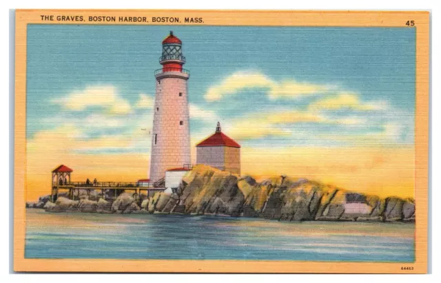 Postcard - The Graves, Boston Harbor, Boston Massachusetts Light House MA Linen