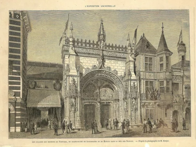 Paris Expo Universal / Palais Monaco Portugal Luxembourg / Engraving 1878