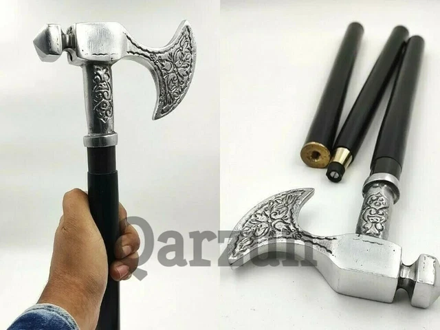 Silver Finish Metal Axe Head Handle Wooden Walking cane-Walking Stick-Cane