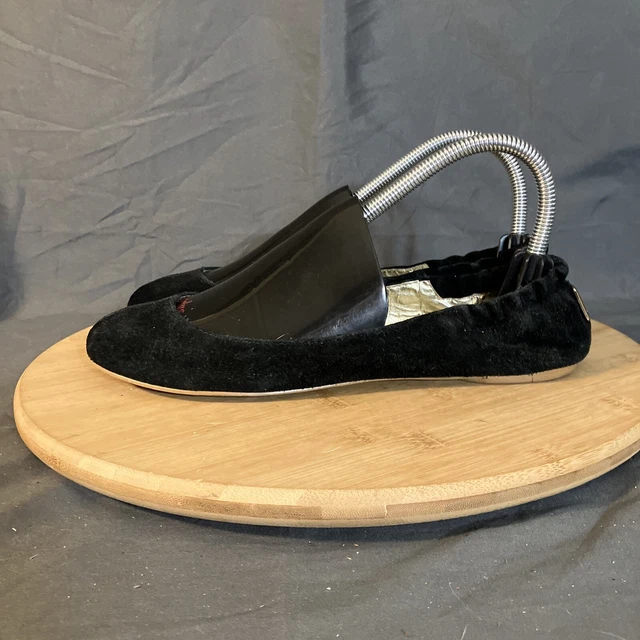Halston Heritage Womens 7.5 Black Suede Gold H Logo Round Toe Ballet Flats Shoes