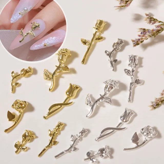 10Pcs Nail Art 3D Alloy Metal Gold Rose Flower Charm Studs Glitter Set DIY Decor