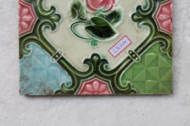 Vintage Tile Art Nouveau Majolica Pink Flower Design Architecture Tile Nh4437 5