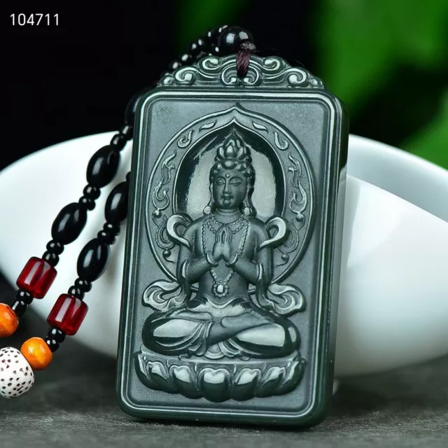 Certificate Hetian Green Jade Pendant Carved Guanyin Buddha Amulet Pendant