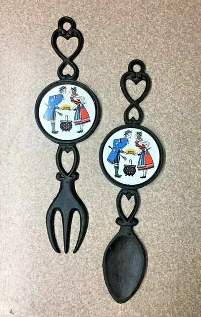Cast Iron Tile Fork Spoon Utensils Kitchen Hanging Wall Farmhouse Enesco Japan