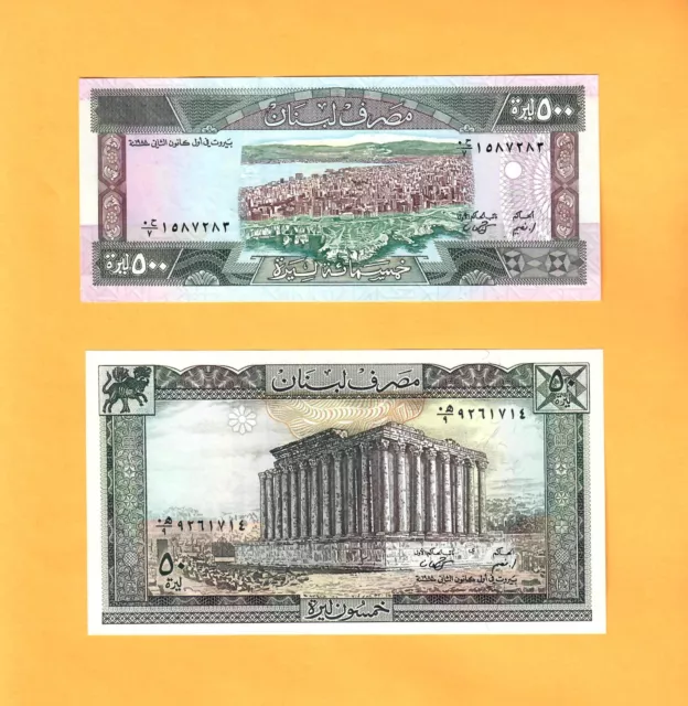 LEBANON-50 AND 500 LIVRES-1988-PICK 65d AND 68 , UNC .