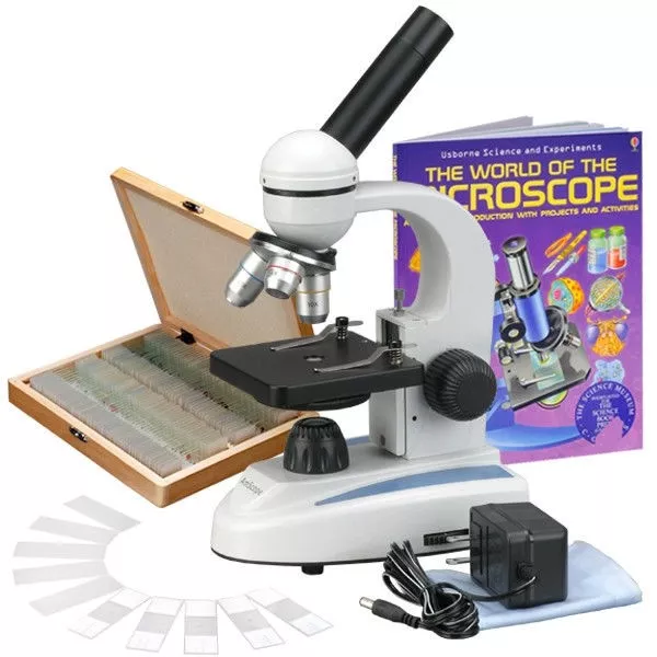 AmScope 40X-1000X Metal Student Compound Microscope + 100 Prepared Slides + Book