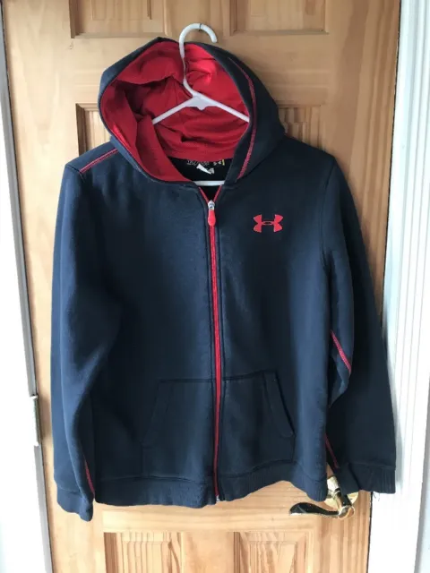 BOYS UNDER ARMOUR Full Zip Up Hoodie Black and Red Size YXL Loose