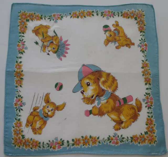 Vintage Childs White Batiste Hankie Puppies Bat Ball Indian Head Dress 1950s*