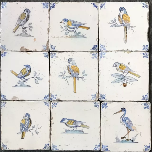 Set of 9 Nice Dutch Delft polychrome tiles, bird, 17th. century.