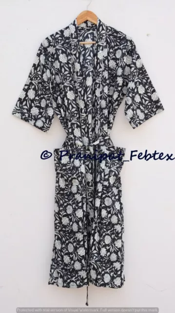 Estampado Floral Negro Mano Algodón Kimono Bata Pijama Playa Encubrimiento Bata